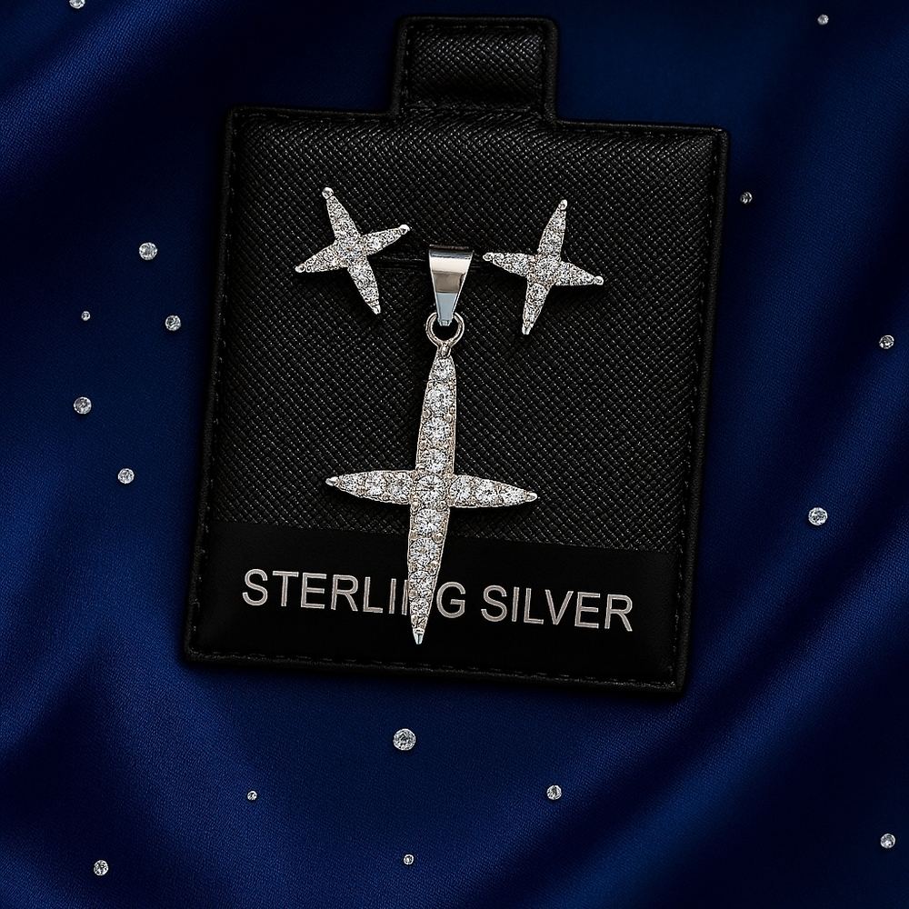 Sterling Silver Pavé Cross Pendant & Star Stud Earrings - Silver